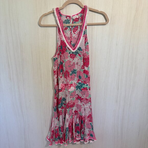 Poupette St Barth A-Line Dress, Pink Floral with detail trim, Size M - Picture 6 of 8